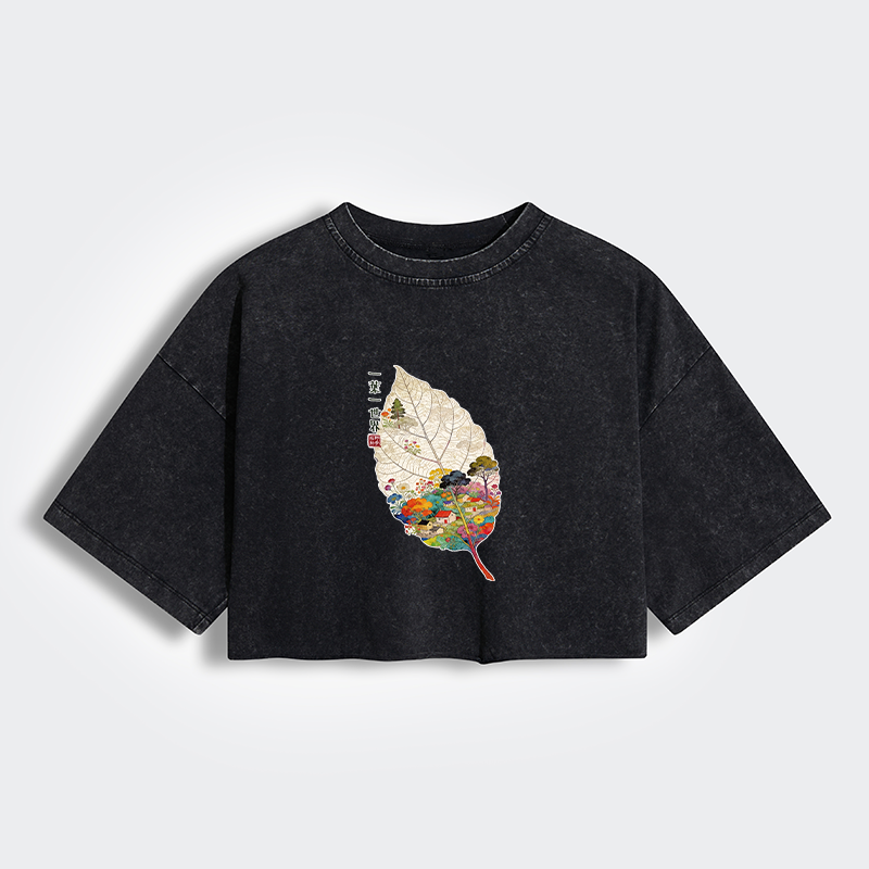 Tokyo-Tiger One Leaf Holds A Tiny Colorful World Women's Washed Crop T-Shirt