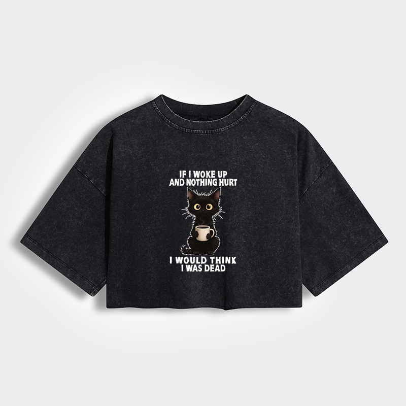 Tokyo-Tiger Funny Cute Black Cat And Coffee Meme Women's Washed Crop T-Shirt