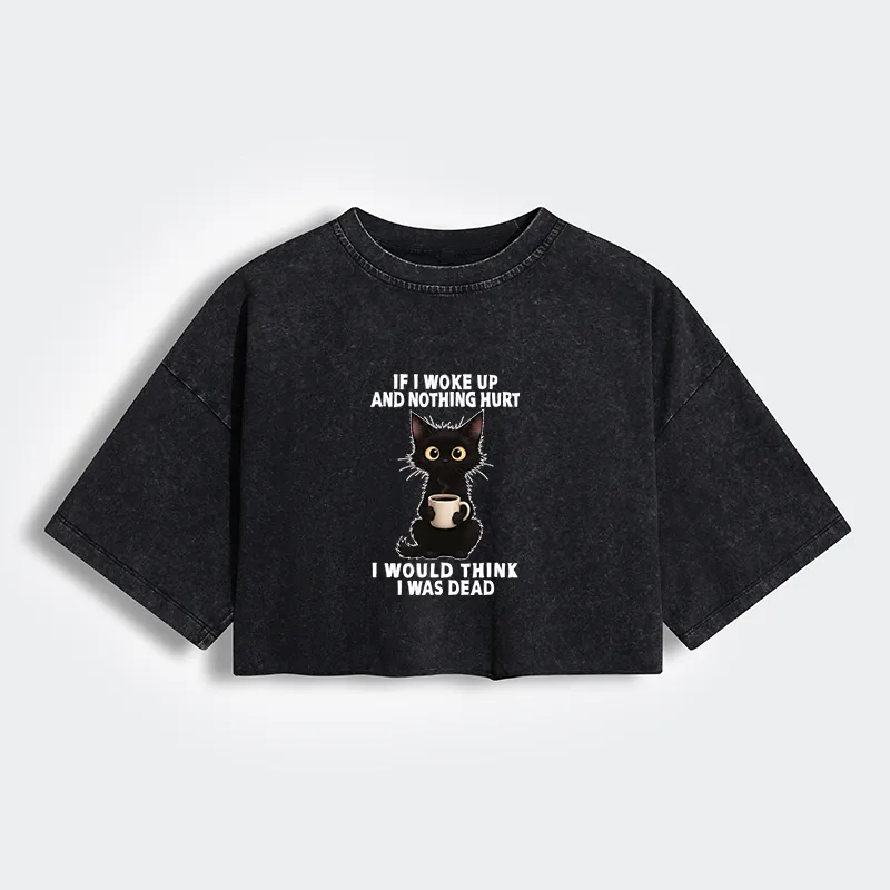 Tokyo-Tiger Funny Cute Black Cat And Coffee Meme Women's Washed Crop T-Shirt