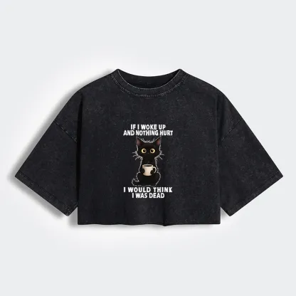 Tokyo-Tiger Funny Cute Black Cat And Coffee Meme Women's Washed Crop T-Shirt
