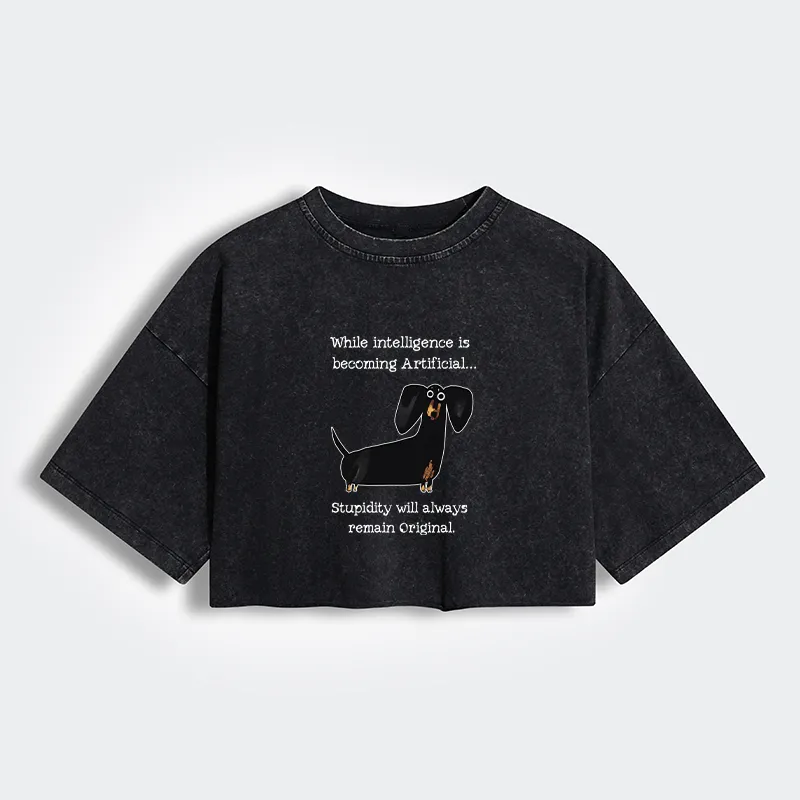 Tokyo-Tiger Dachshund Real Humor Funny Meme Women's Washed Crop T-Shirt