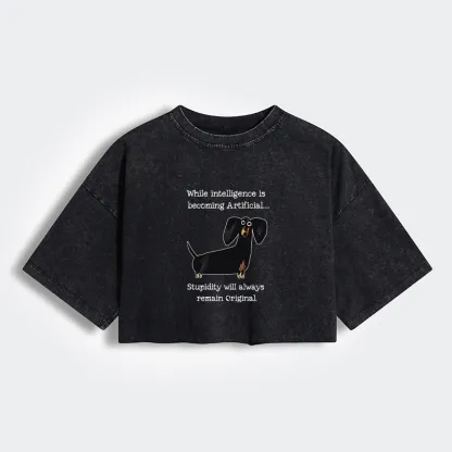 Tokyo-Tiger Dachshund Real Humor Funny Meme Women's Washed Crop T-Shirt