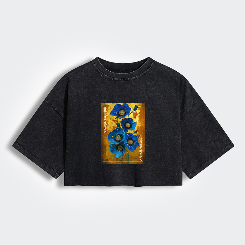 Tokyo-Tiger Shiny Blue Flower Warm Golden Background Women's Washed Crop T-Shirt
