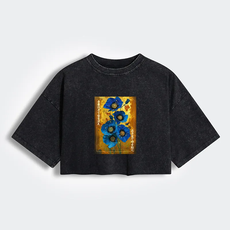 Tokyo-Tiger Shiny Blue Flower Warm Golden Background Women's Washed Crop T-Shirt