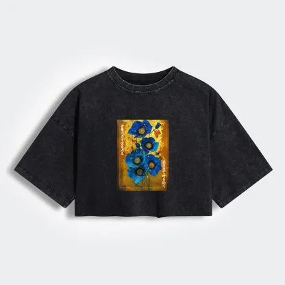 Tokyo-Tiger Shiny Blue Flower Warm Golden Background Women's Washed Crop T-Shirt