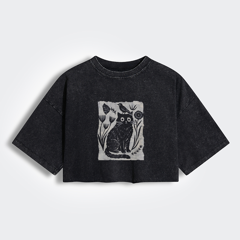Tokyo-Tiger Folk Paper Cut Cat Bird Floral Art Women's Washed Crop T-Shirt