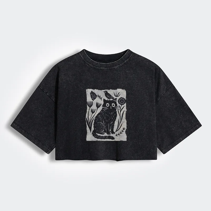 Tokyo-Tiger Folk Paper Cut Cat Bird Floral Art Women's Washed Crop T-Shirt Sale
