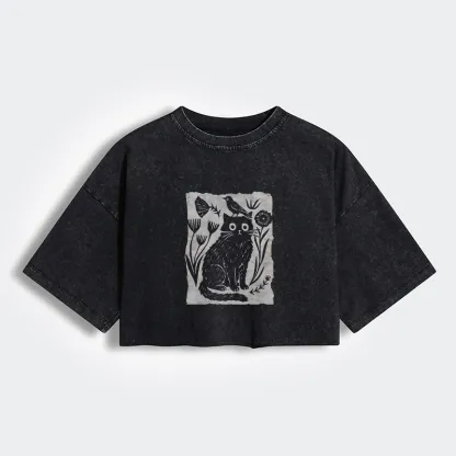 Tokyo-Tiger Folk Paper Cut Cat Bird Floral Art Women's Washed Crop T-Shirt