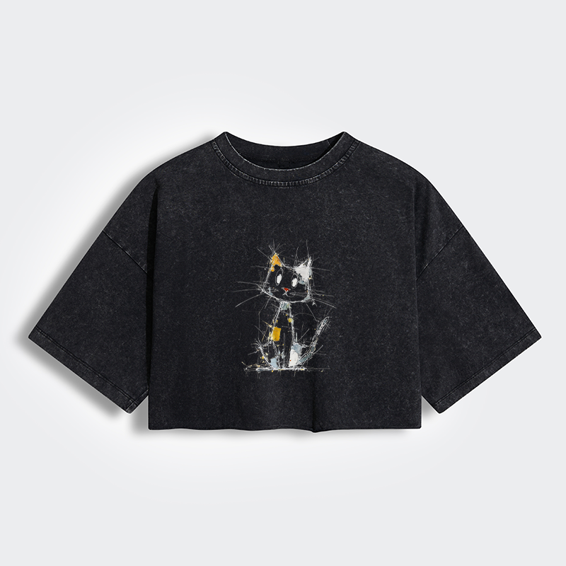 Tokyo-Tiger Minimal Splash Ink Cute Cat Women's Washed Crop T-Shirt