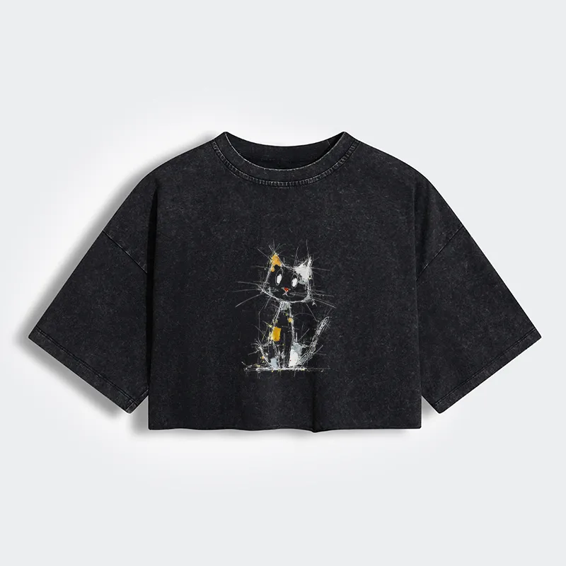 Tokyo-Tiger Minimal Splash Ink Cute Cat Women's Washed Crop T-Shirt