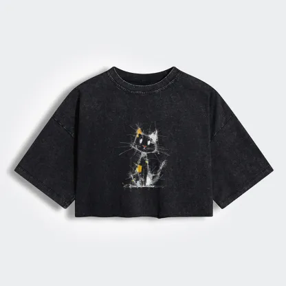 Tokyo-Tiger Minimal Splash Ink Cute Cat Women's Washed Crop T-Shirt