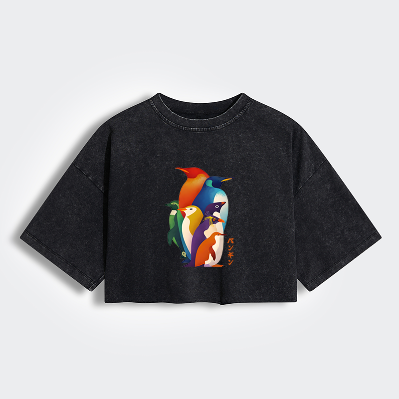 Tokyo-Tiger Cute Multi Tone Penguins Women's Washed Crop T-Shirt