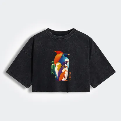 Tokyo-Tiger Cute Multi Tone Penguins Women's Washed Crop T-Shirt