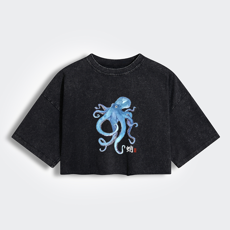 Tokyo-Tiger Watercolor Blue Octopus Women's Washed Crop T-Shirt
