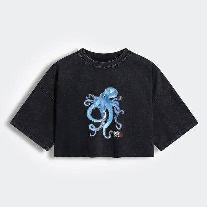 Tokyo-Tiger Watercolor Blue Octopus Women's Washed Crop T-Shirt