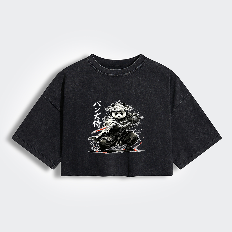 Tokyo-Tiger Panda Samurai Warrior Women's Washed Crop T-Shirt