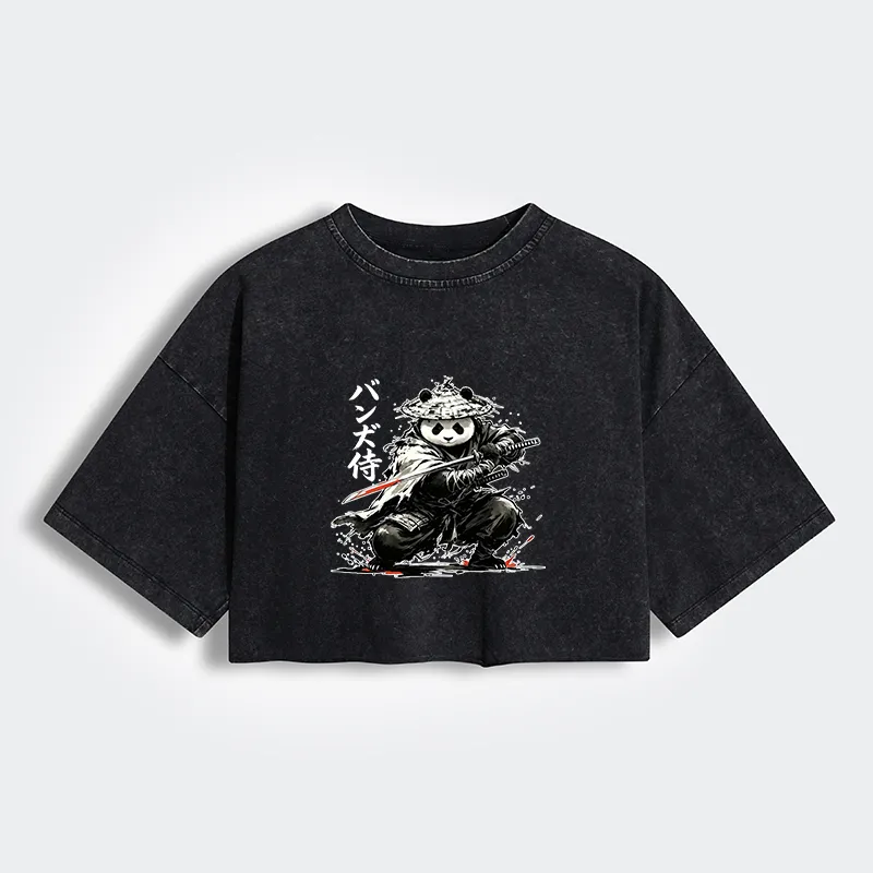 Tokyo-Tiger Panda Samurai Warrior Women's Washed Crop T-Shirt