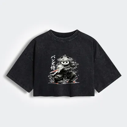 Tokyo-Tiger Panda Samurai Warrior Women's Washed Crop T-Shirt