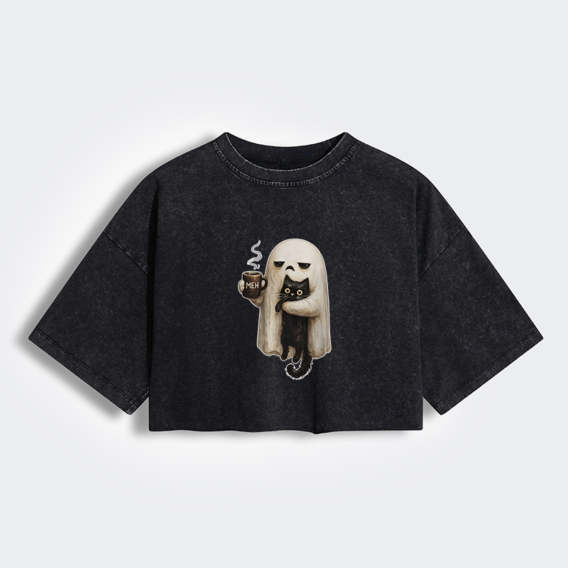 Tokyo-Tiger Ghost Cat Coffee Mood Women's Washed Crop T-Shirt