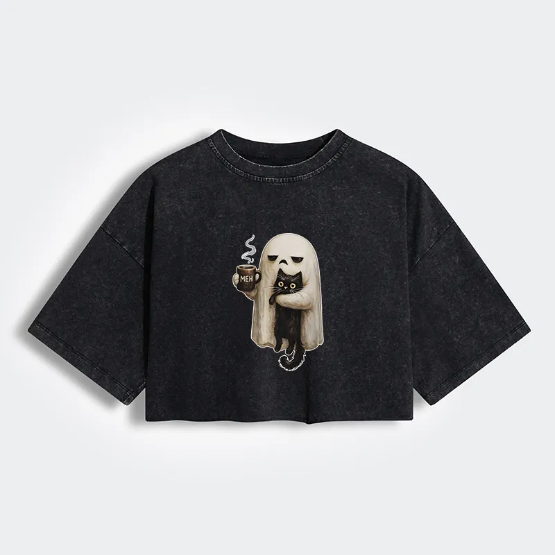 Tokyo-Tiger Ghost Cat Coffee Mood Women's Washed Crop T-Shirt