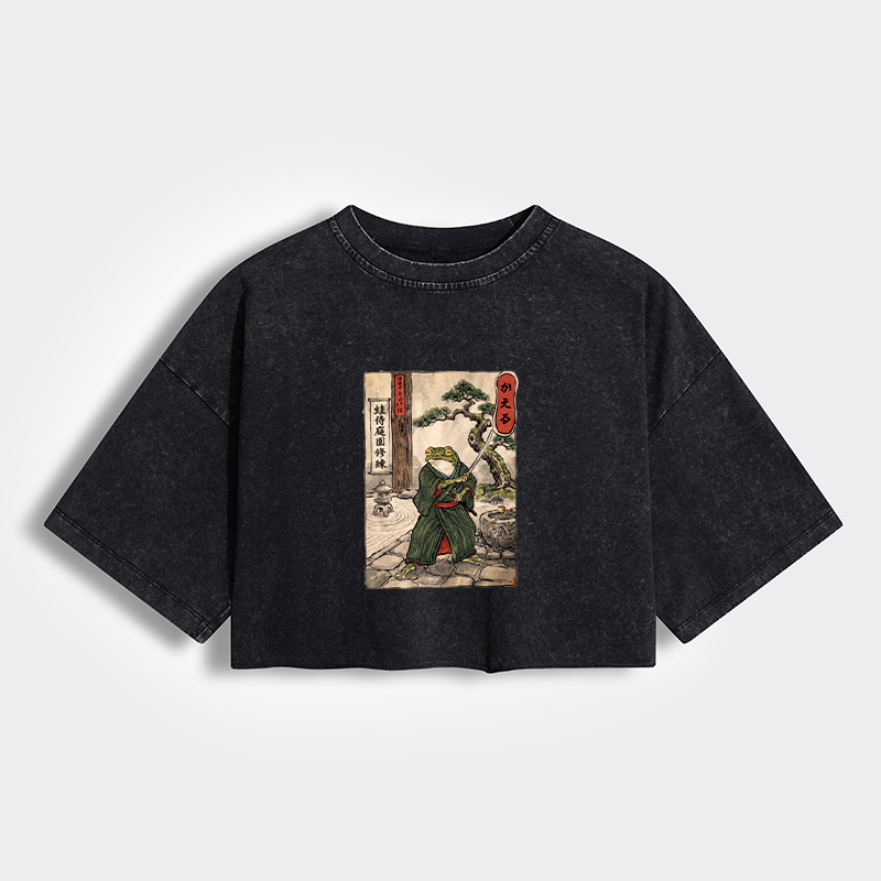 Tokyo-Tiger Samurai Frog Training Women's Washed Crop T-Shirt