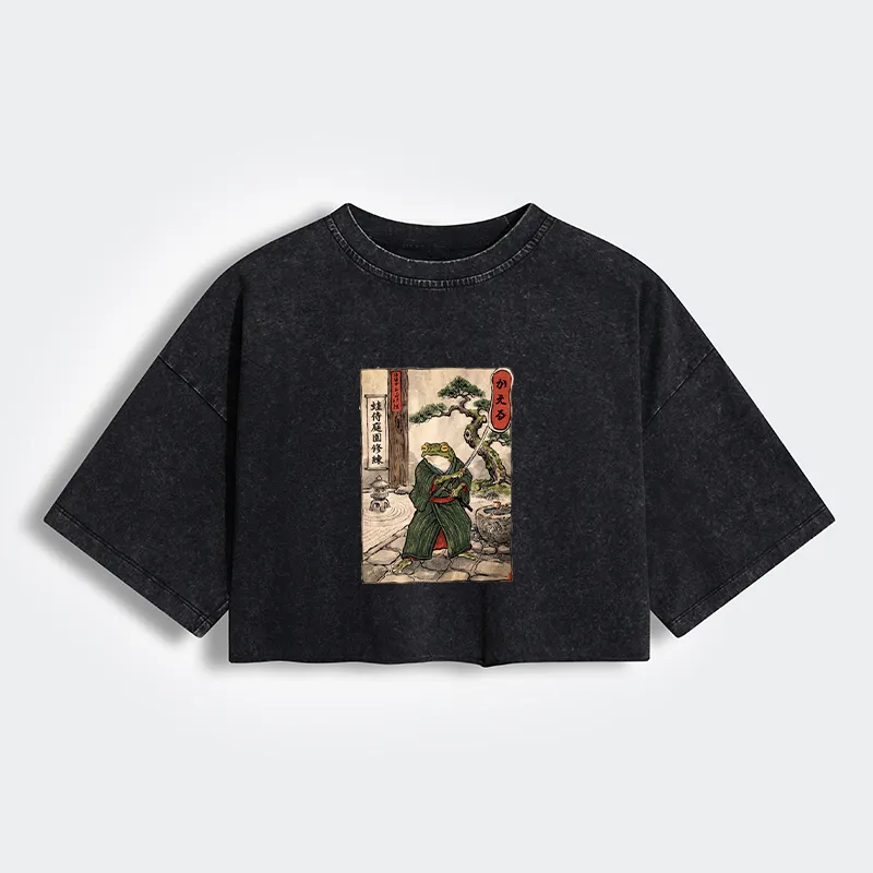 Tokyo-Tiger Samurai Frog Training Women's Washed Crop T-Shirt