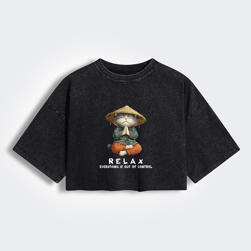 Tokyo-Tiger Zen Relax Cat Graphic Women's Washed Crop T-Shirt