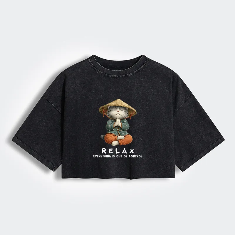 Tokyo-Tiger Zen Relax Cat Graphic Women's Washed Crop T-Shirt
