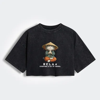 Tokyo-Tiger Zen Relax Cat Graphic Women's Washed Crop T-Shirt