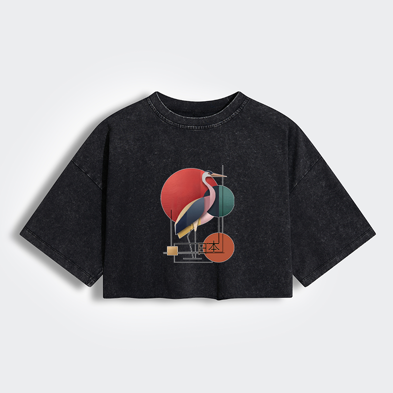 Tokyo-Tiger Geometric Crane Art Women's Washed Crop T-Shirt