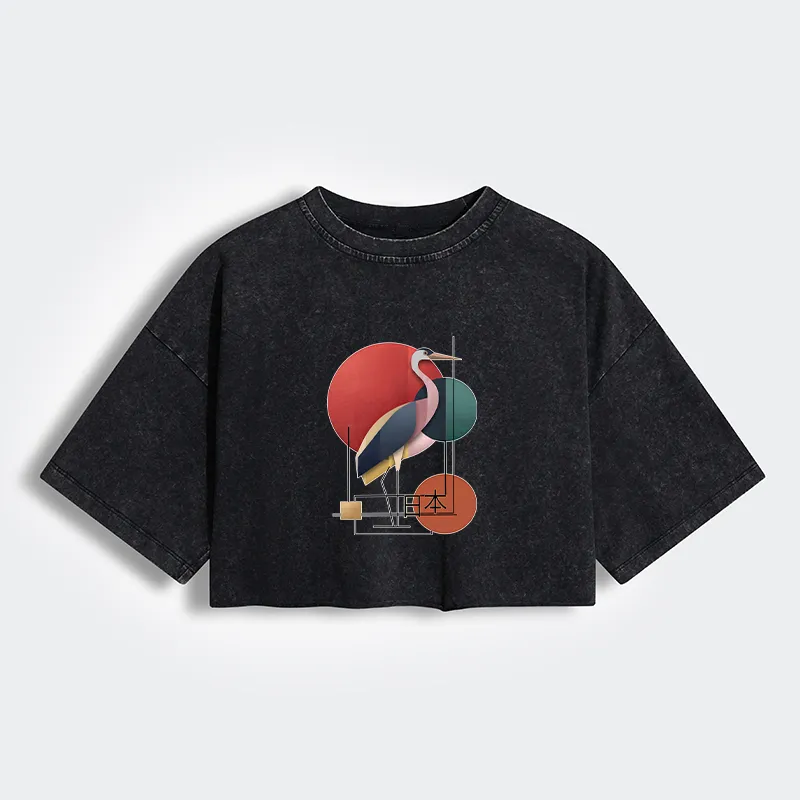 Tokyo-Tiger Geometric Crane Art Women's Washed Crop T-Shirt