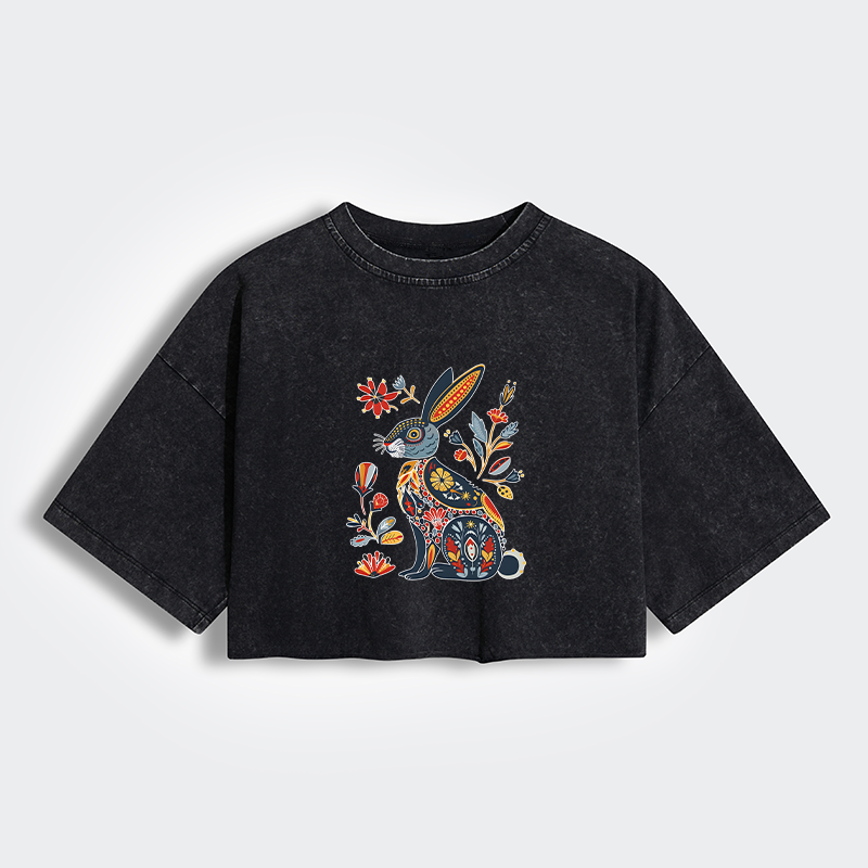 Tokyo-Tiger Folk Hare Bloom Women's Washed Crop T-Shirt