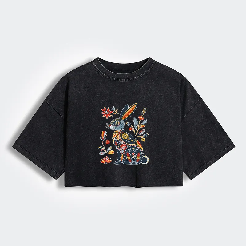Tokyo-Tiger Folk Hare Bloom Women's Washed Crop T-Shirt