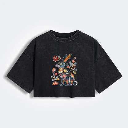 Tokyo-Tiger Folk Hare Bloom Women's Washed Crop T-Shirt