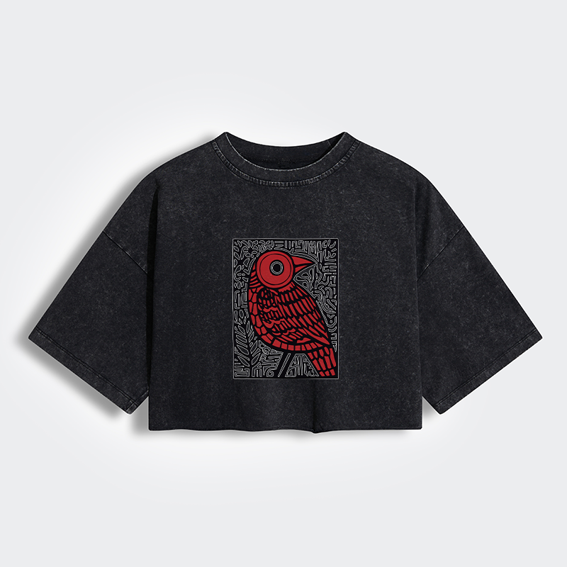 Tokyo-Tiger Retro Woodblock Bird Women's Washed Crop T-Shirt