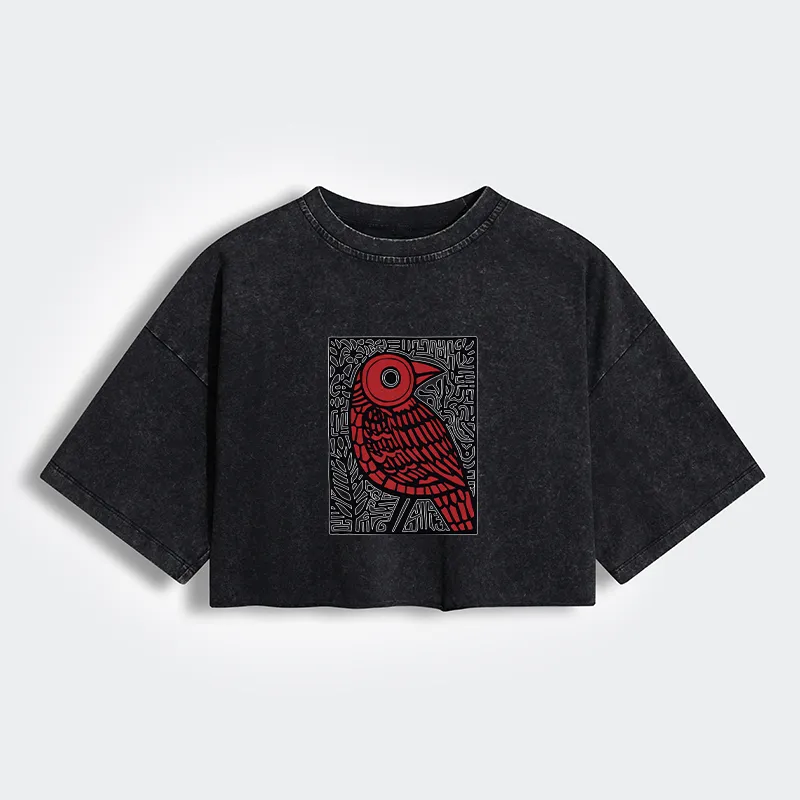 Tokyo-Tiger Retro Woodblock Bird Women's Washed Crop T-Shirt