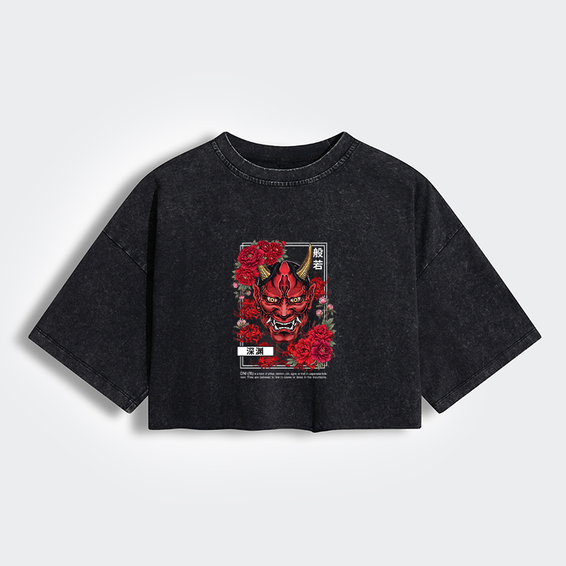 Tokyo-Tiger Cool Oni Floral Art Women's Washed Crop T-Shirt