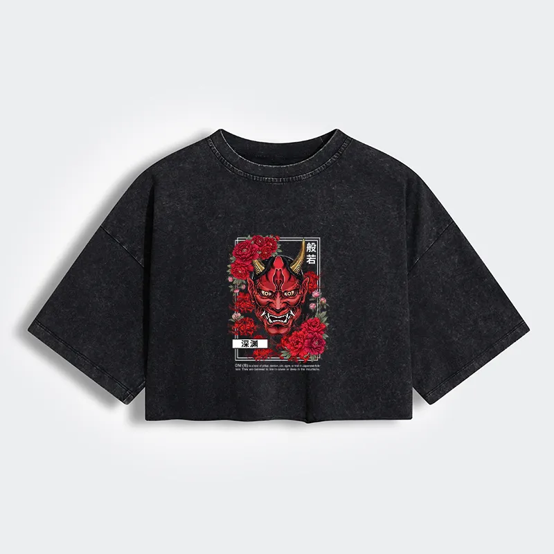 Tokyo-Tiger Cool Oni Floral Art Women's Washed Crop T-Shirt Sale