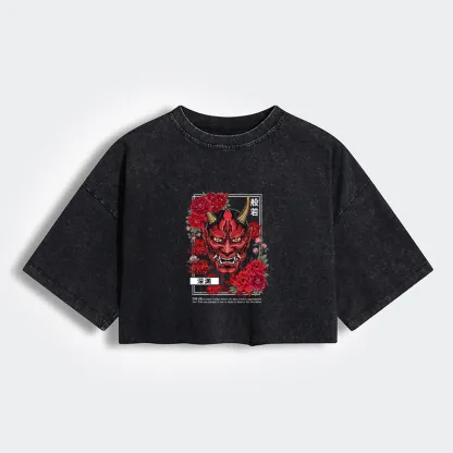 Tokyo-Tiger Cool Oni Floral Art Women's Washed Crop T-Shirt