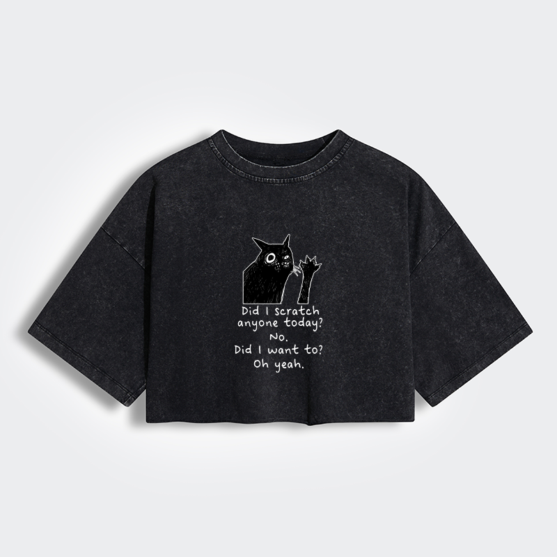 Tokyo-Tiger Black Cat Scratches People Women's Washed Crop T-Shirt