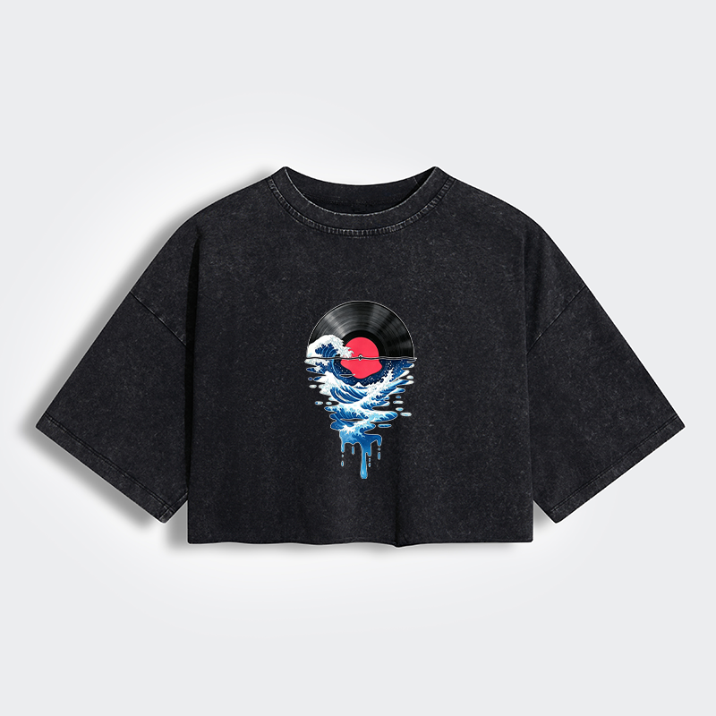 Tokyo-Tiger Vinyl Records And Waves Women's Washed Crop T-Shirt