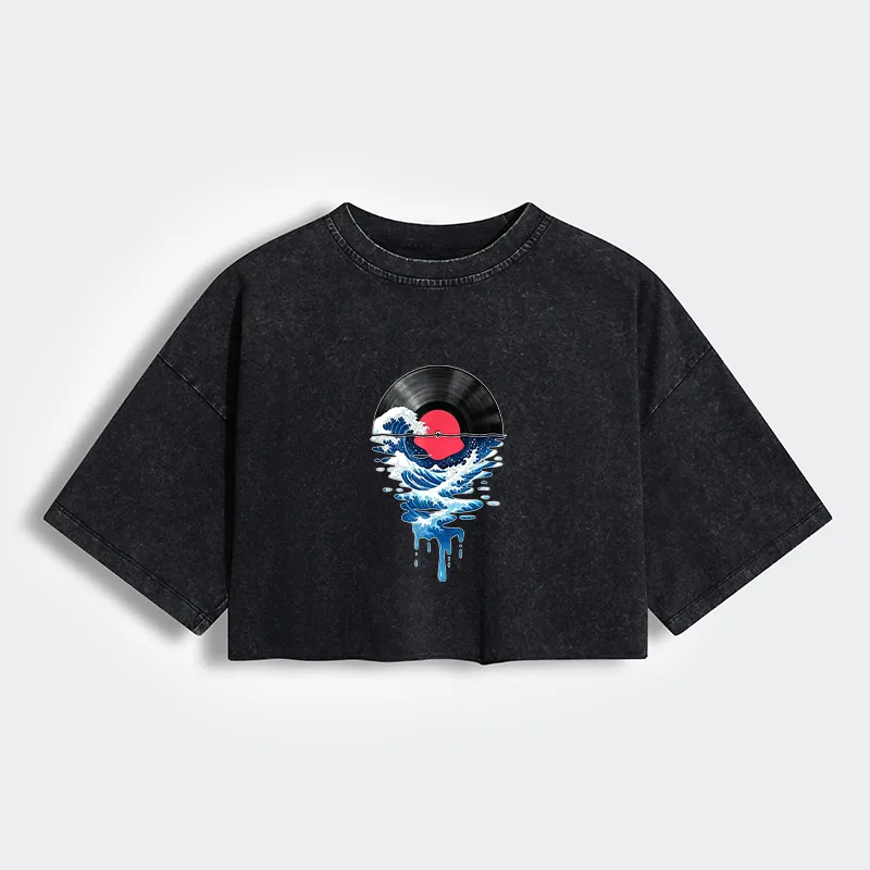 Tokyo-Tiger Vinyl Records And Waves Women's Washed Crop T-Shirt Sale