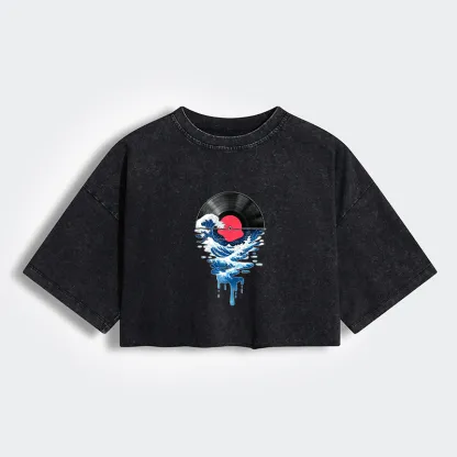 Tokyo-Tiger Vinyl Records And Waves Women's Washed Crop T-Shirt