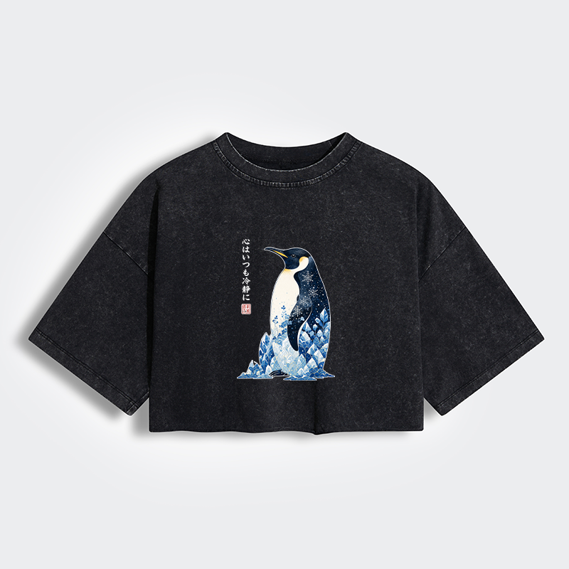Tokyo-Tiger Keep Calm Penguin Women's Washed Crop T-Shirt