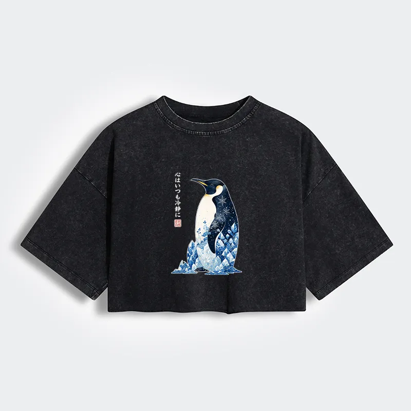 Tokyo-Tiger Keep Calm Penguin Women's Washed Crop T-Shirt