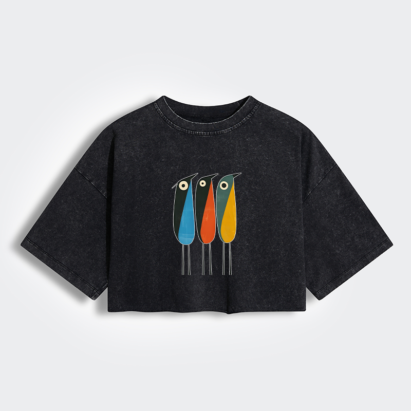 Tokyo-Tiger Bold Shape Birds Women's Washed Crop T-Shirt