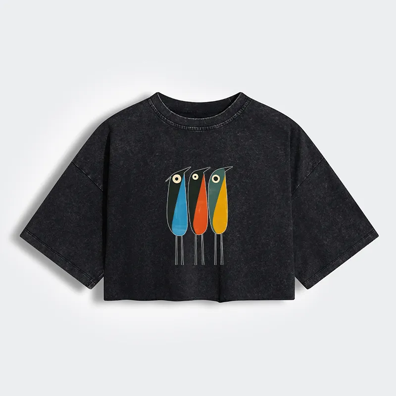 Tokyo-Tiger Bold Shape Birds Women's Washed Crop T-Shirt