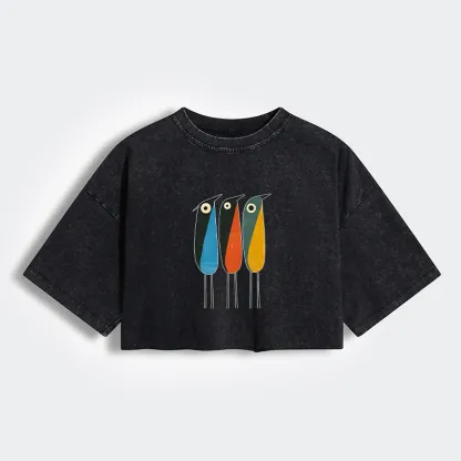 Tokyo-Tiger Bold Shape Birds Women's Washed Crop T-Shirt
