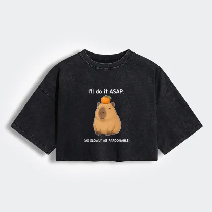Tokyo-Tiger Slow Task Capybara Meme Women's Washed Crop T-Shirt