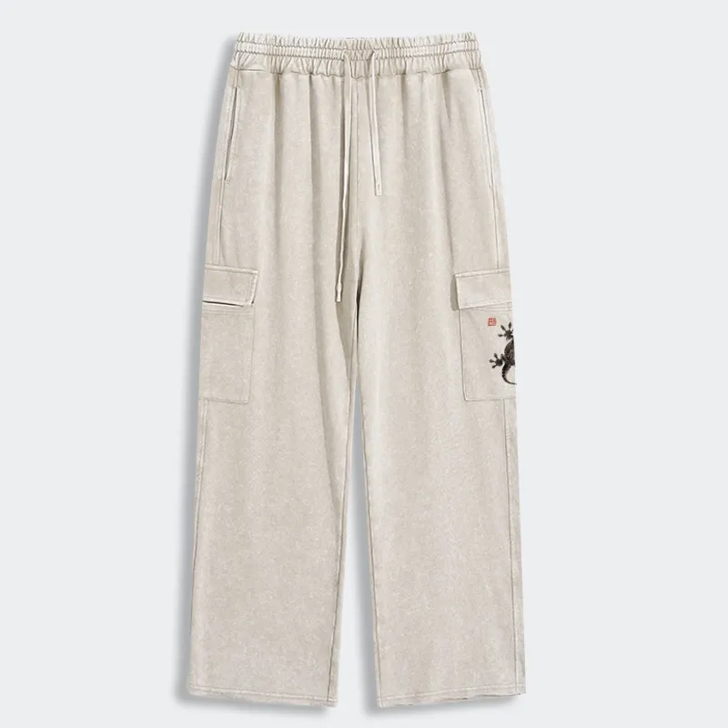 Tokyo-Tiger Minimal Asian Ink Brush Gecko Vibe Washed Utility Sweatpants